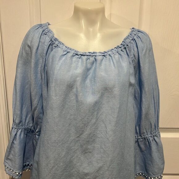 Talbots Factory blue linen blend boat neck bell sleeves top size Large - Picture 4 of 7